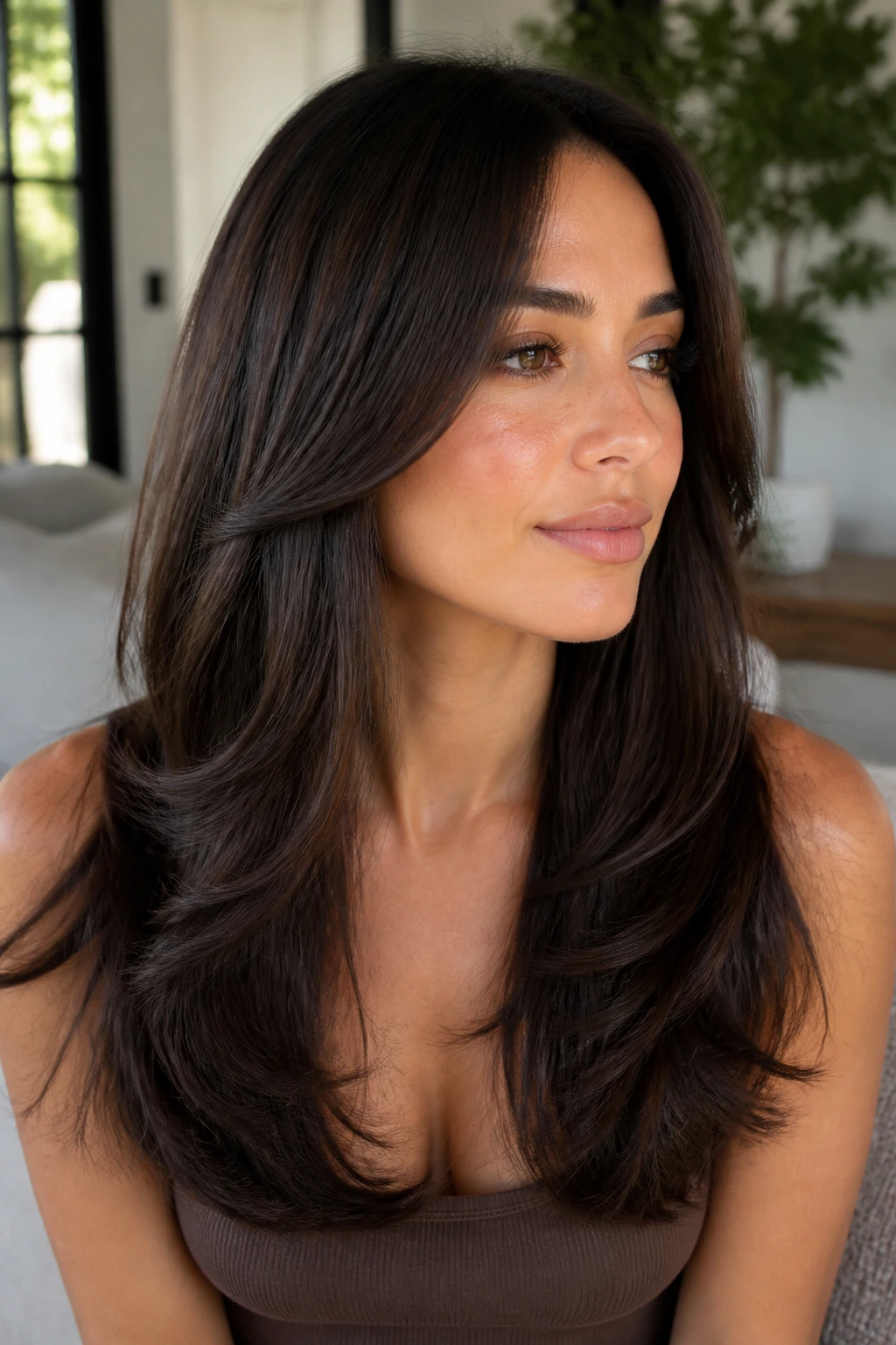 Portrait of a woman with deep espresso brown hair and soft layered cut in natural light