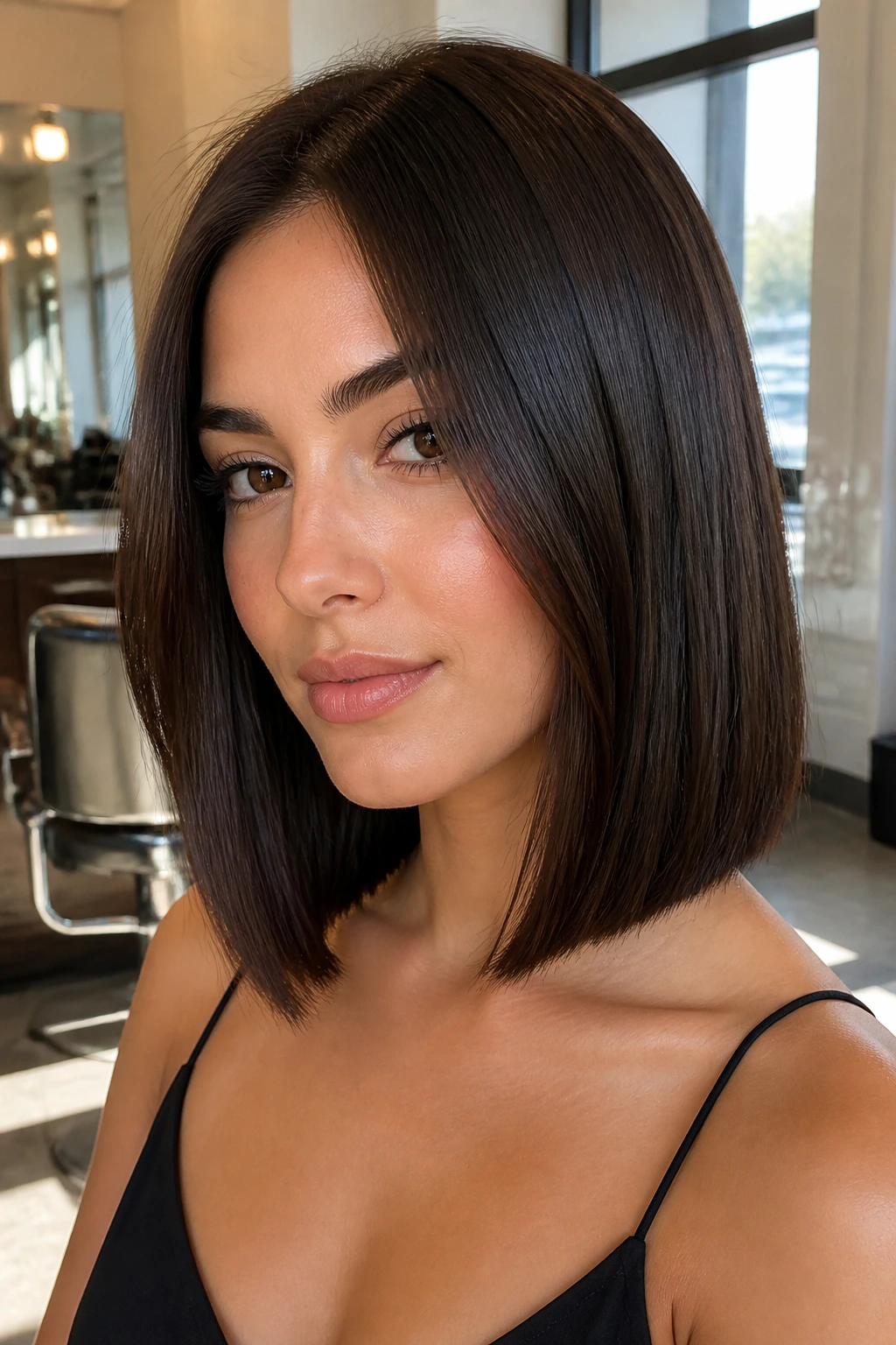 Close-up of a real woman with a sleek lob and espresso gloss, glossy hair close-up.