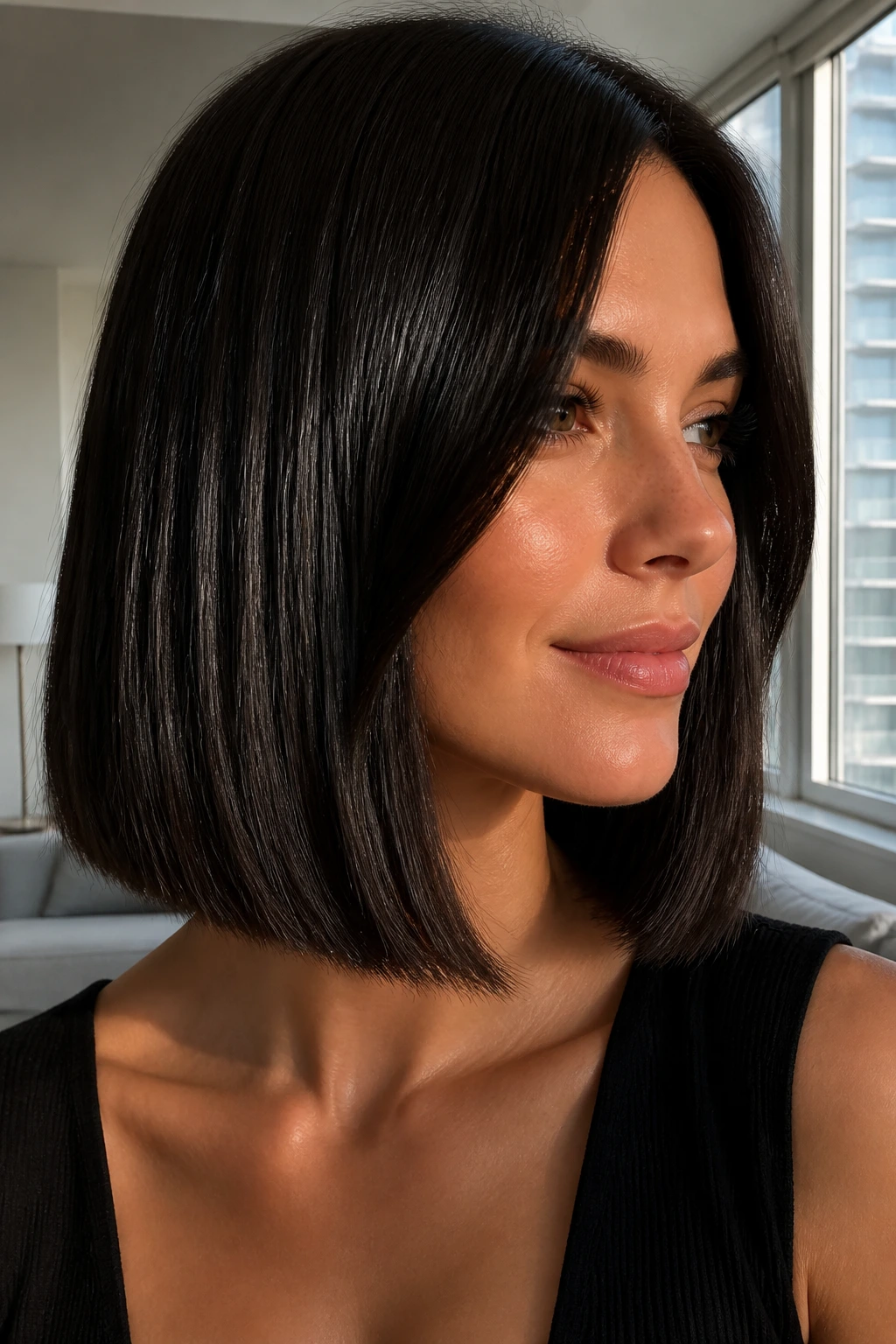Close-up of a real woman with a blunt lob and espresso gloss reflecting light