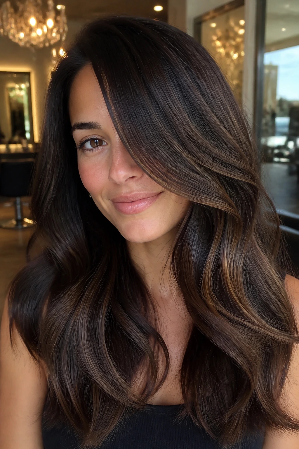 Close-up of a real woman's hair showing espresso brown with mocha veils and a glossy finish.