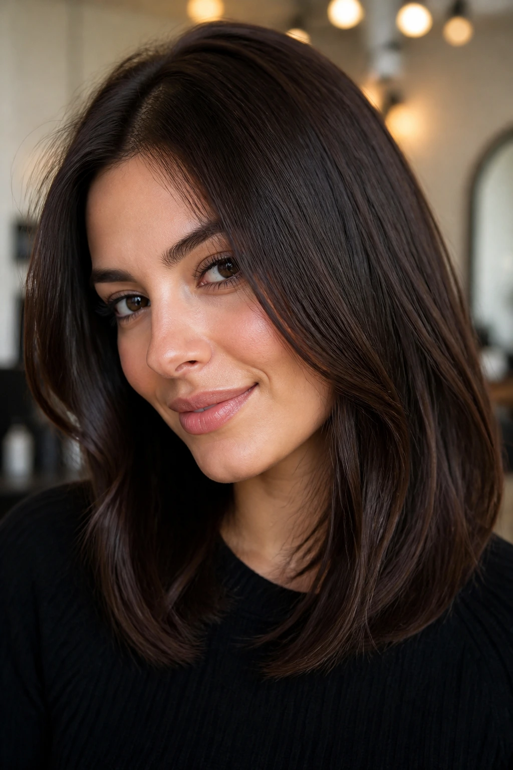 Real person with espresso gloss and soft shadow root on shoulder-length hair