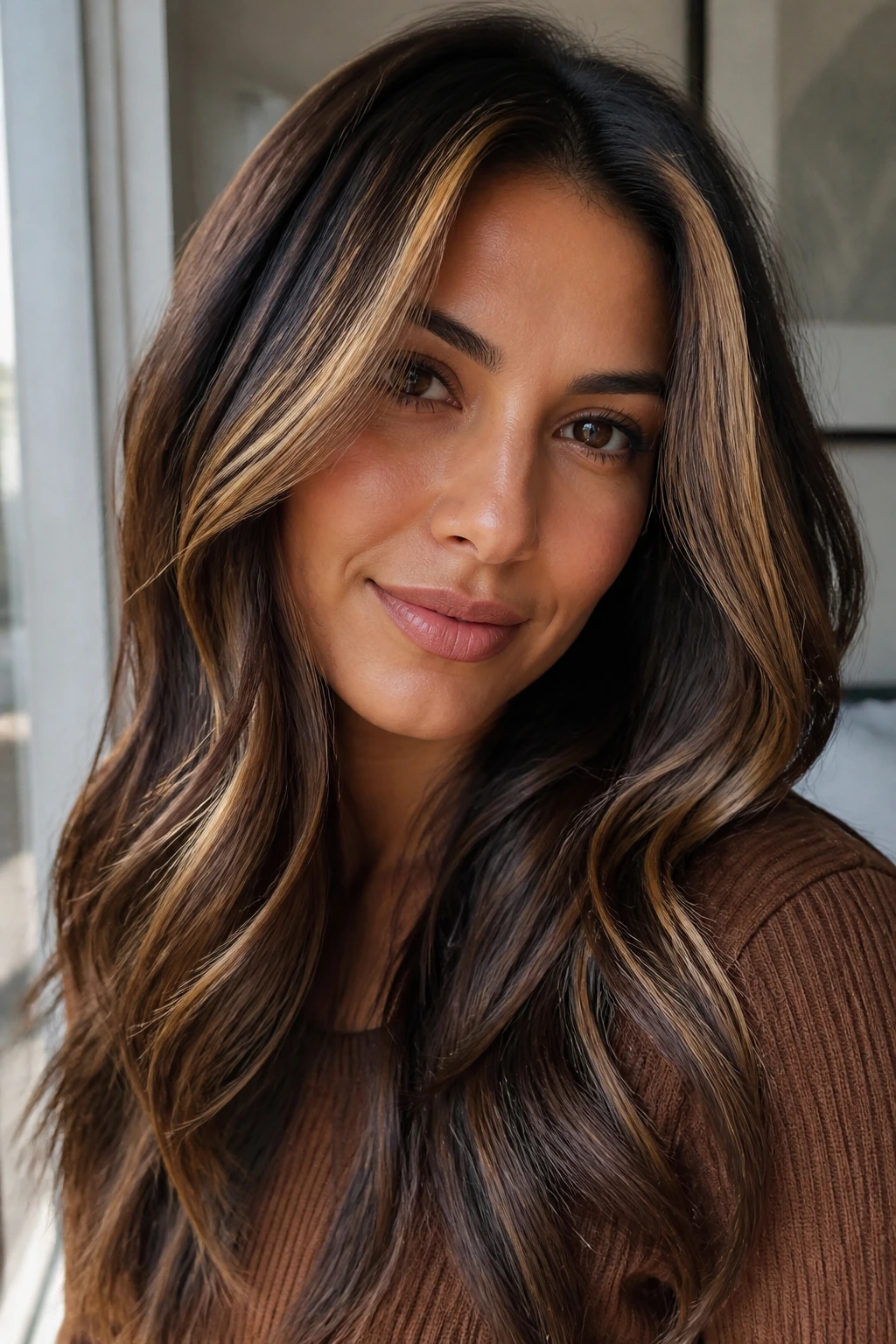Close-up of brunette hair with espresso and honey foil highlights around crown.