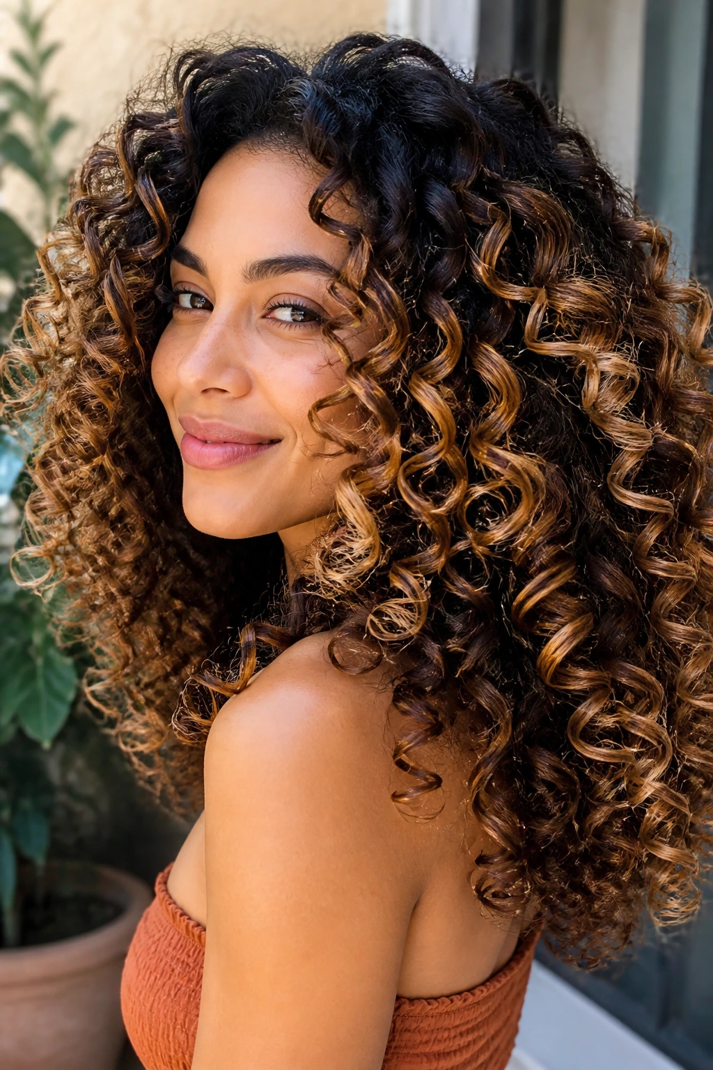 Close-up of thick curls with espresso-to-honey spiral highlights