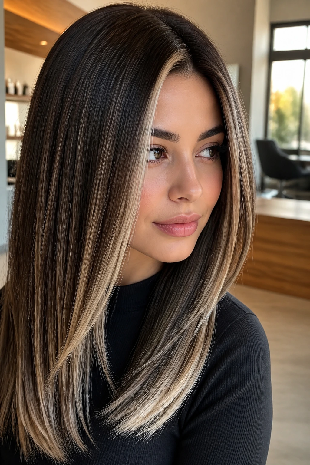 Brunette with espresso and ivory contrast highlights, close-up portrait.