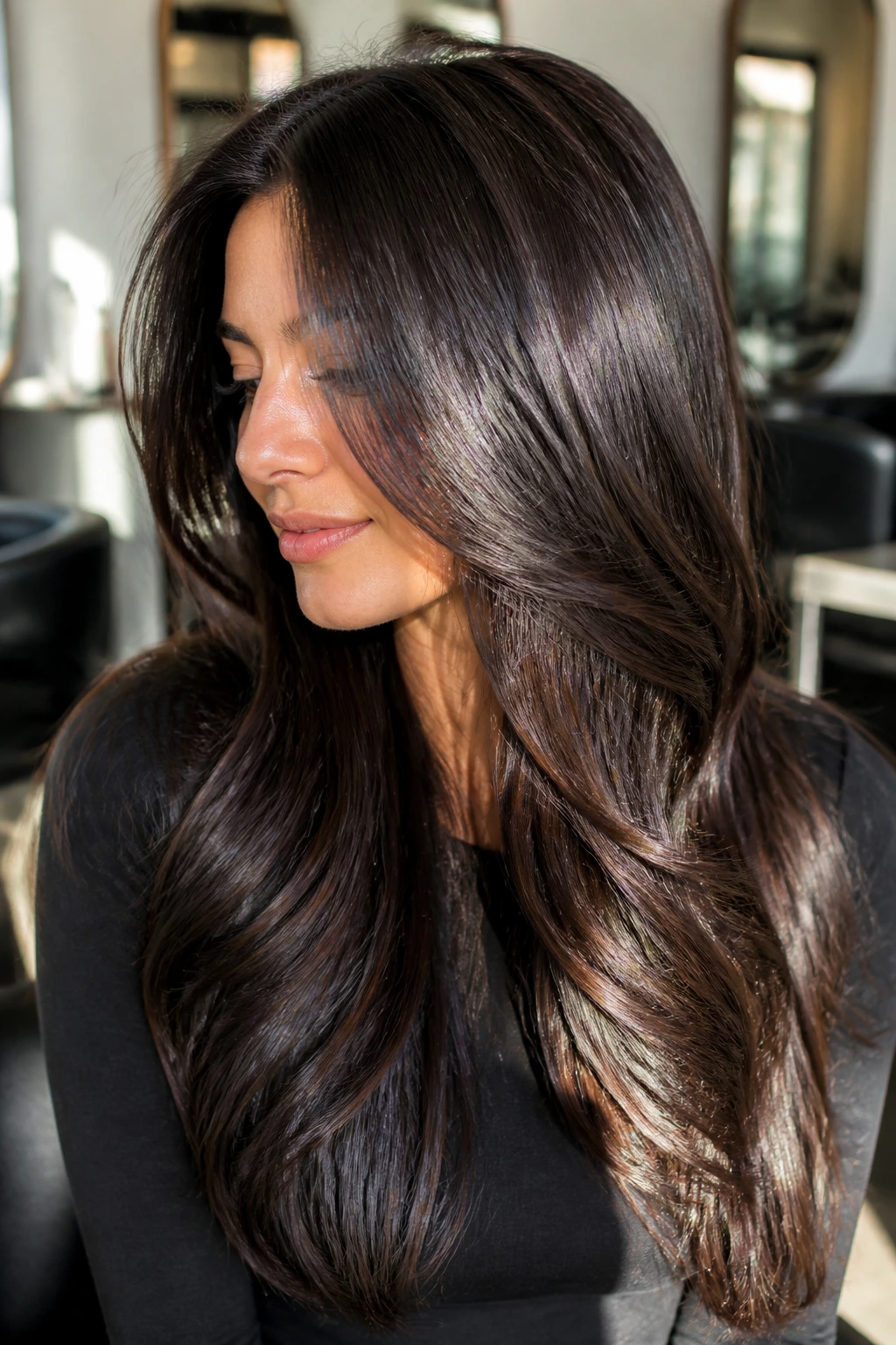 Close-up of a real woman with glossy espresso layered hair catching light