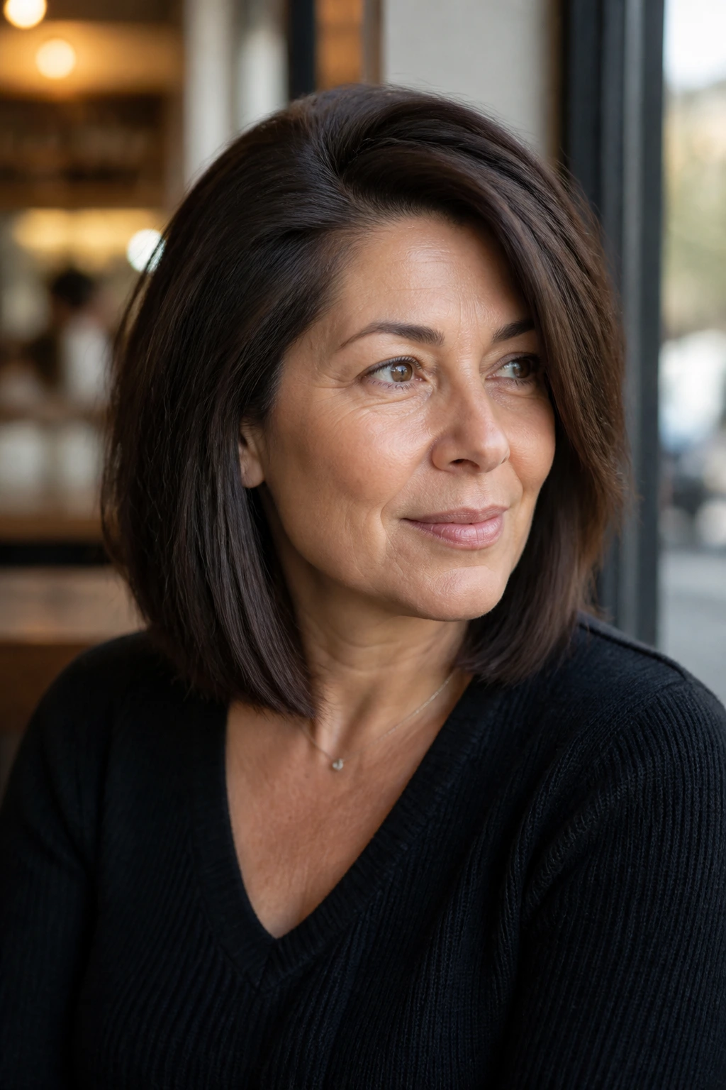 Real woman with espresso-brunette lob and deep side part in a cafe window setting