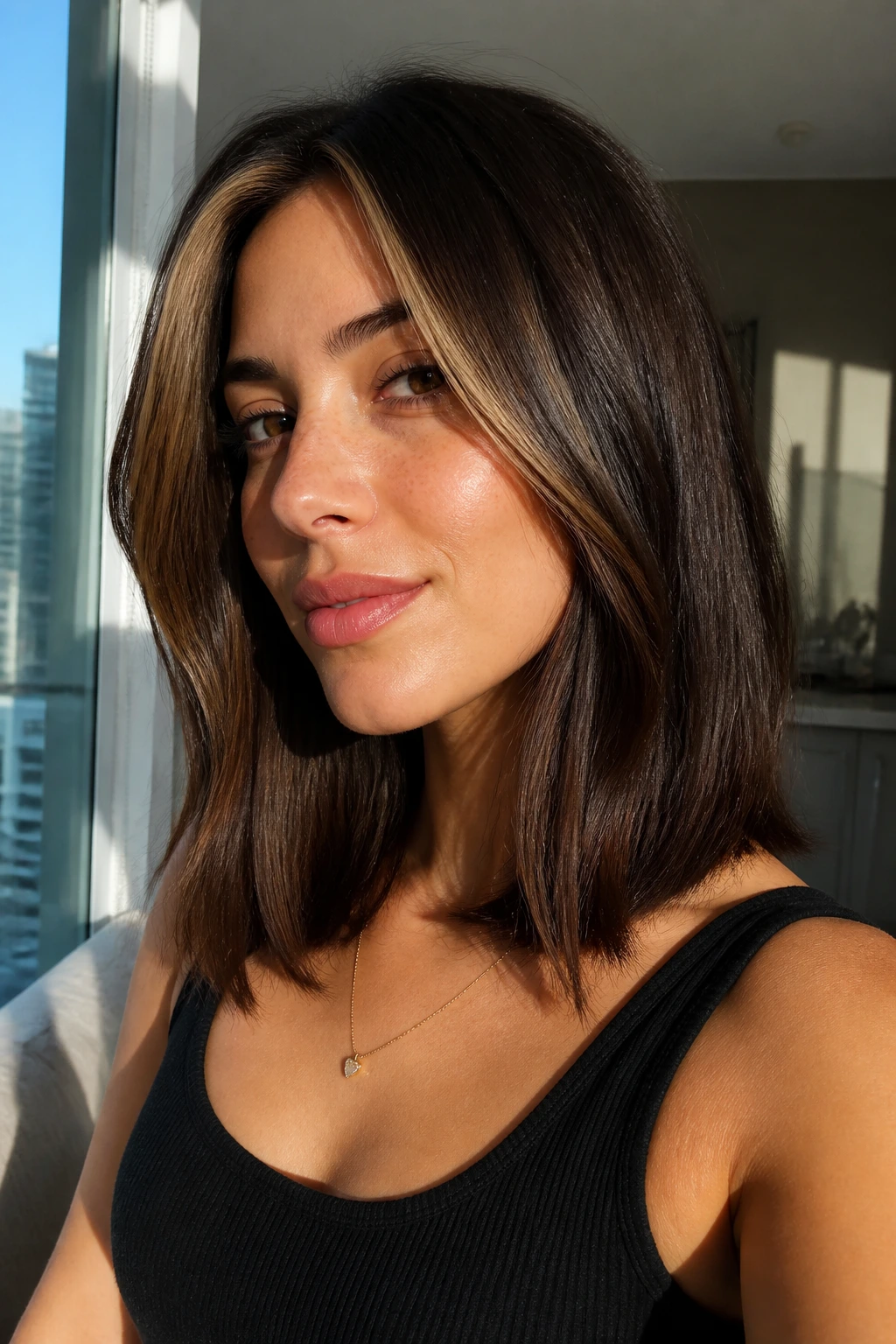 Close-up of a real woman with espresso lob and bright money piece