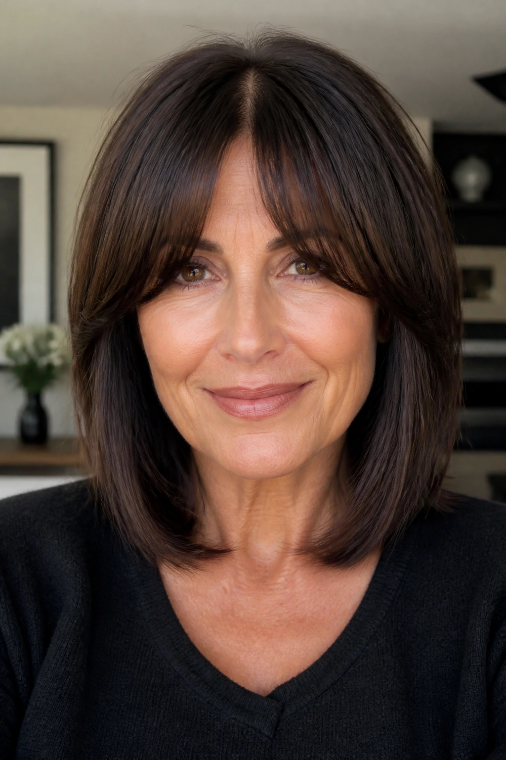 Portrait of a woman with espresso long bob and U-shaped fringe in natural light.