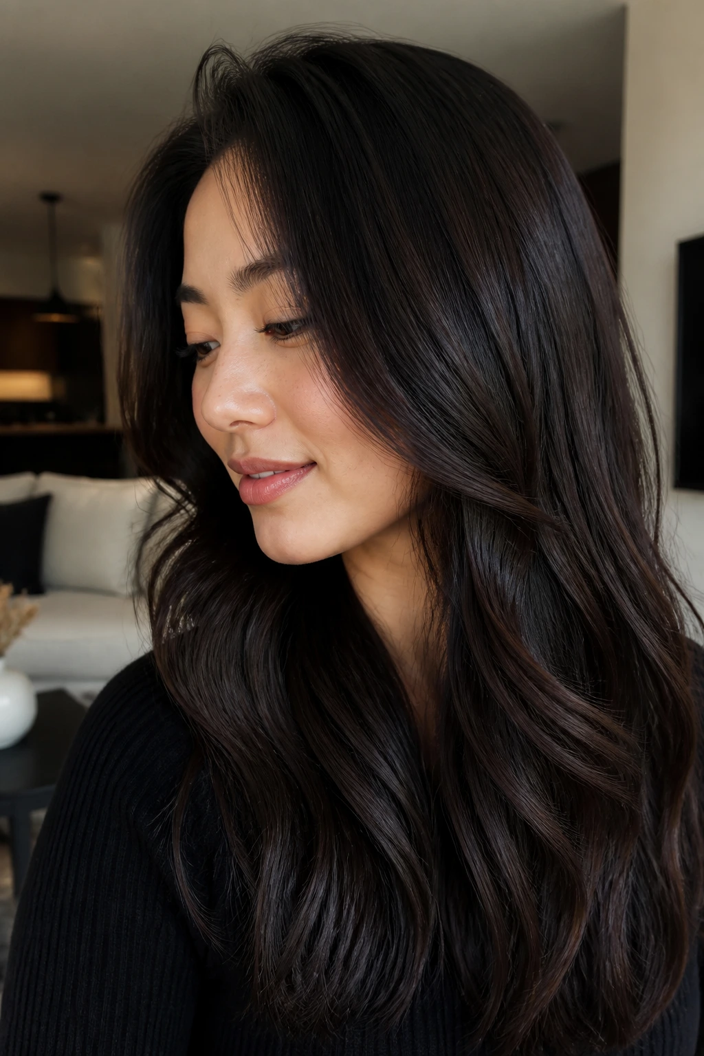 Asian woman with espresso lowlights and glossy shine