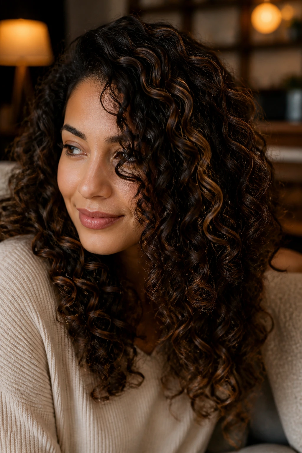 Close-up of a real woman with curly hair showing espresso lowlights adding depth