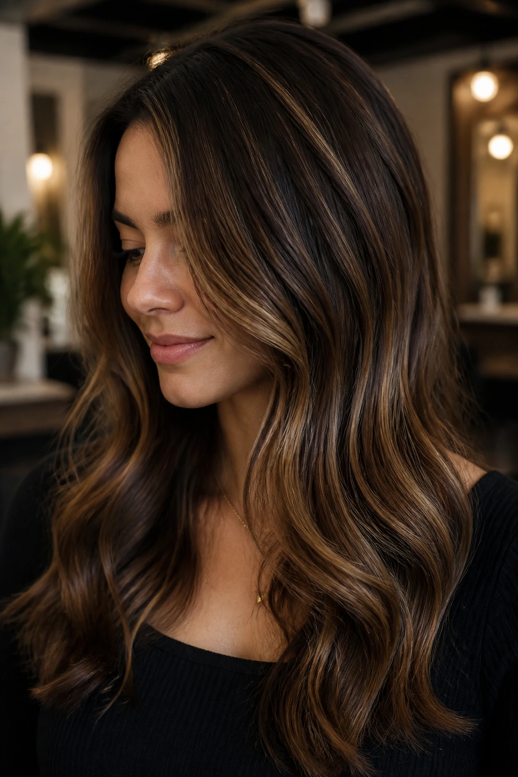 Real woman with espresso lowlights and dark blonde ribbons in brunette hair