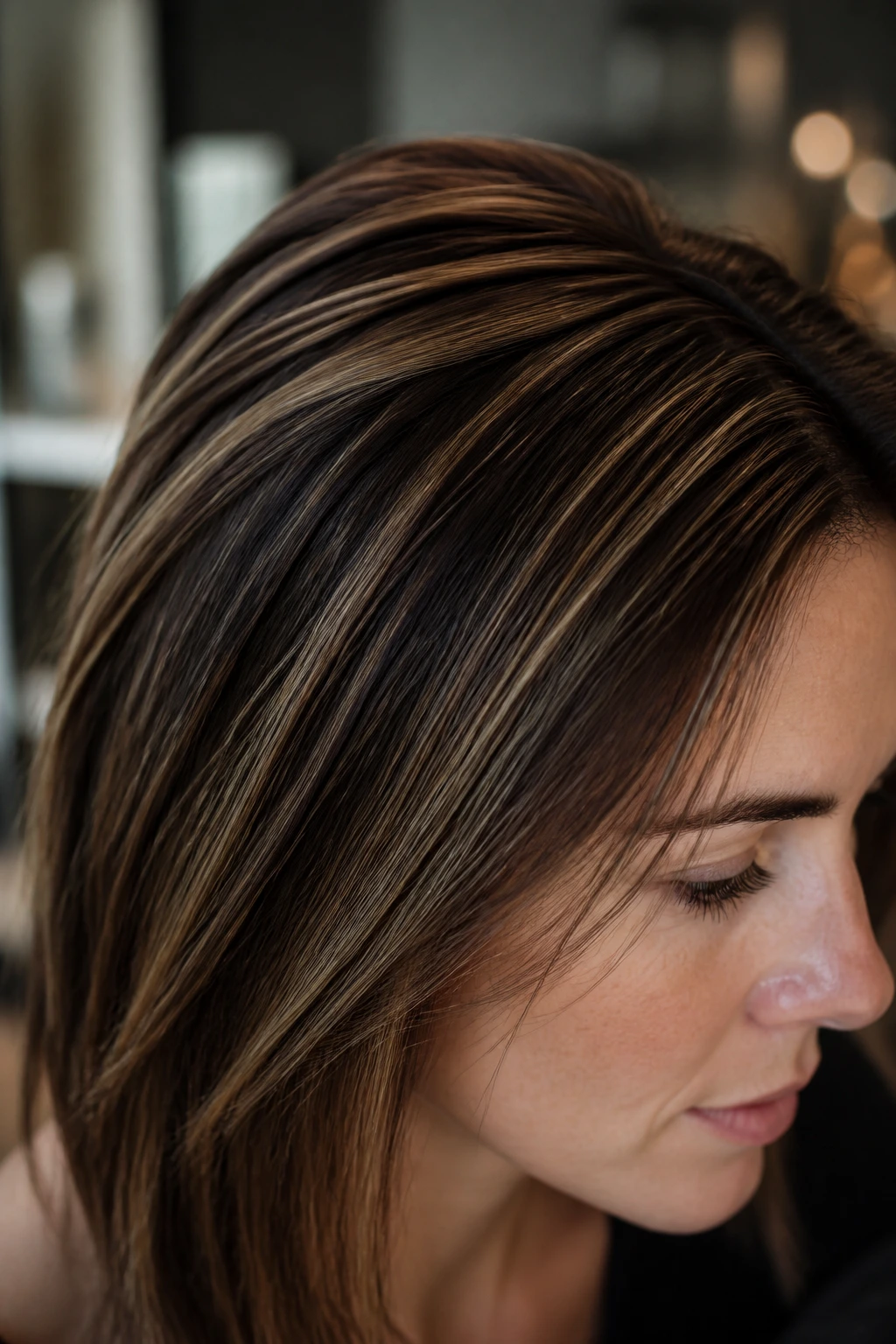 Close-up of espresso lowlights between thin highlights in hair
