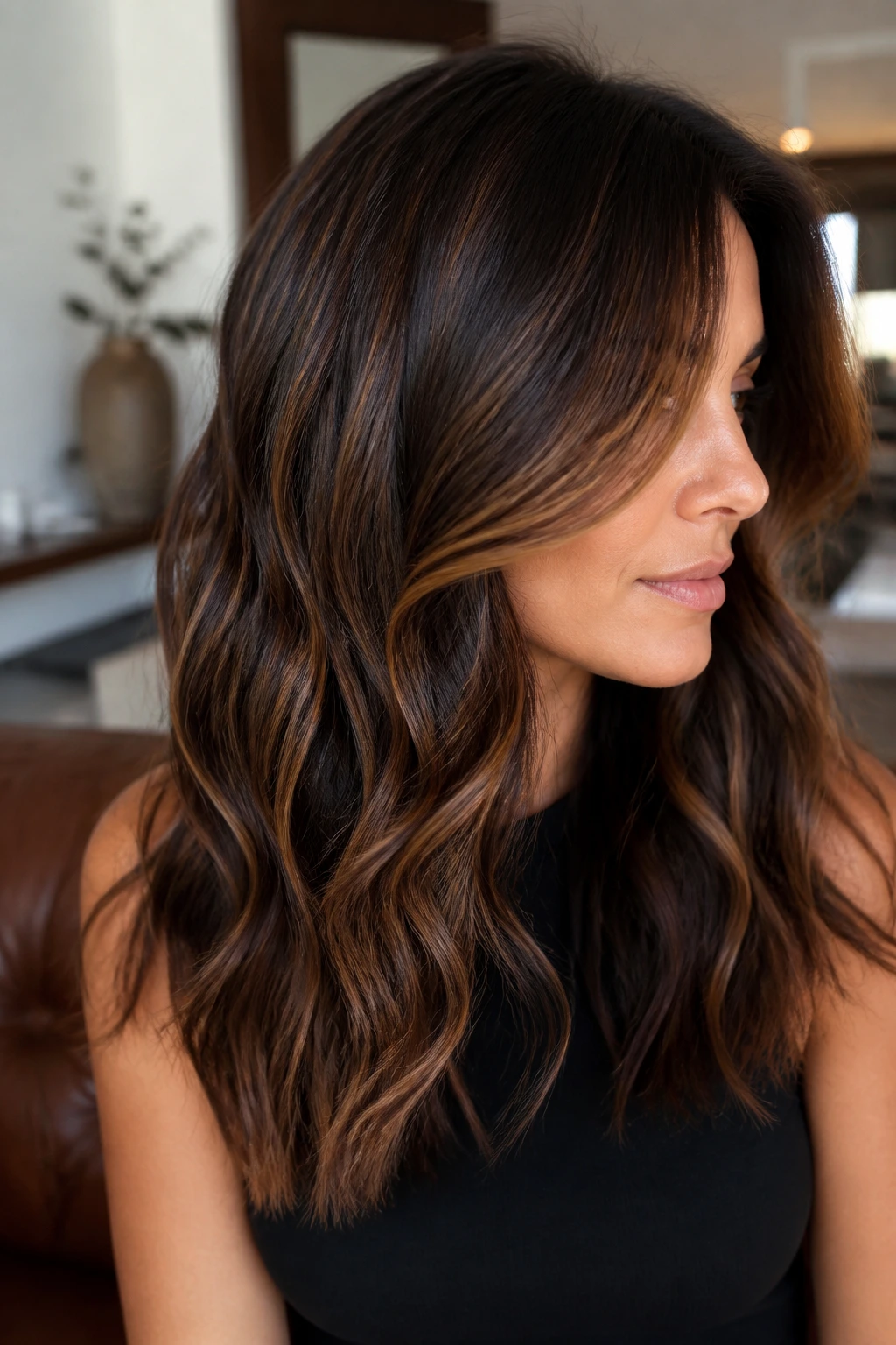 Brunette hairstyle with espresso lowlights and warm highlights in close portrait