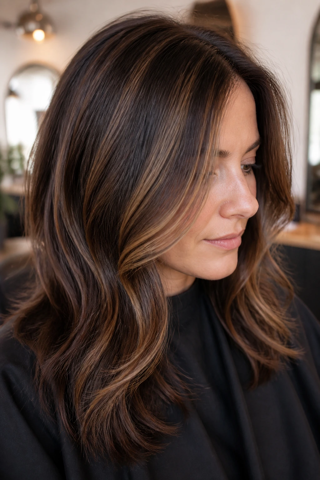 Close-up portrait of a real woman showing espresso lowlights and lifted pieces to add depth in thin hair