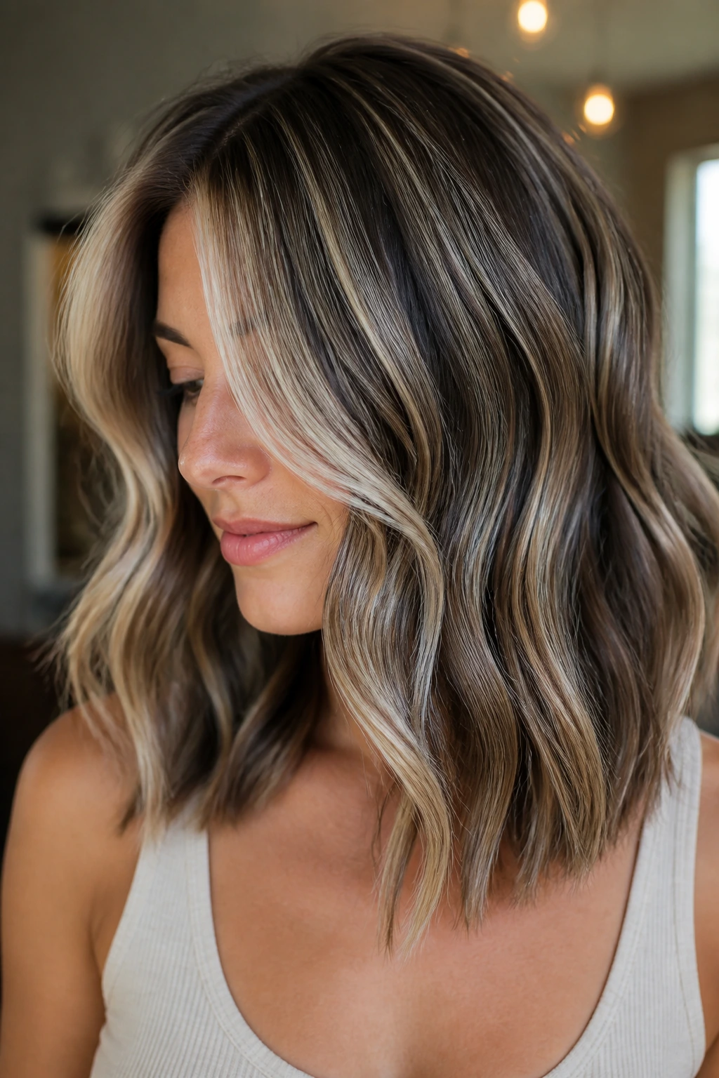 Real person with espresso lowlights and vanilla highlights on medium-length hair