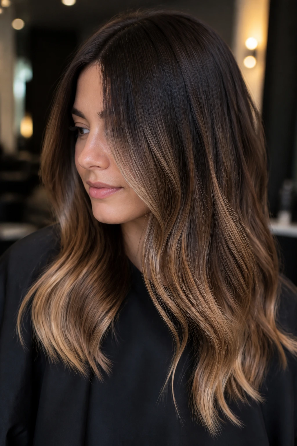 Portrait of a real woman with espresso melt balayage showing dark roots to lighter ends