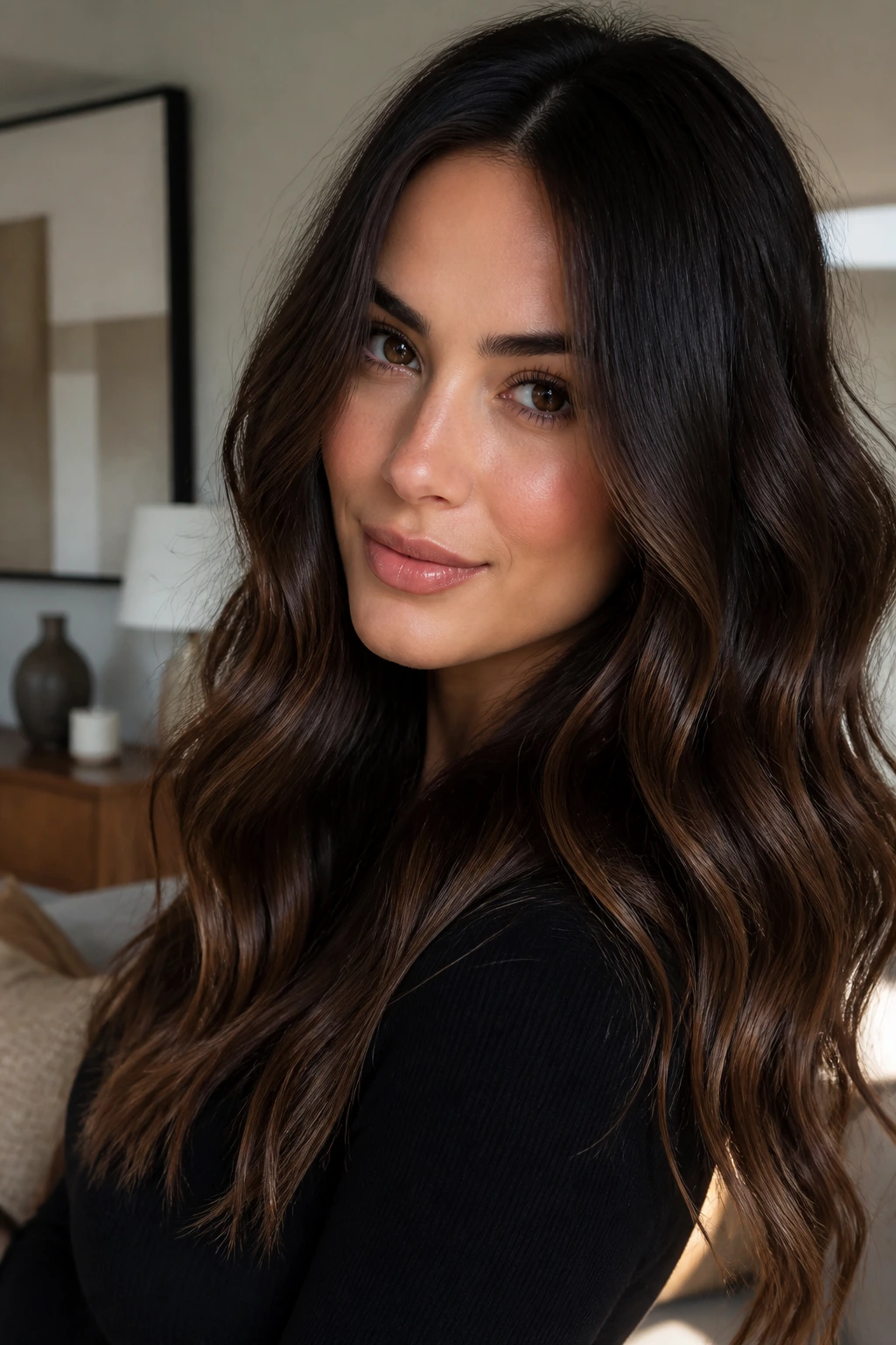 Close-up of hair with espresso root and melted ends on a real person