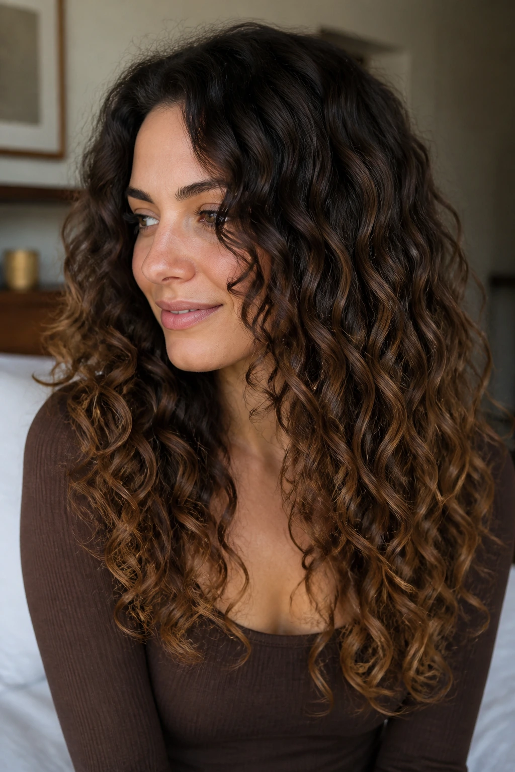 Real woman with espresso to milk-chocolate gradient on curly hair.