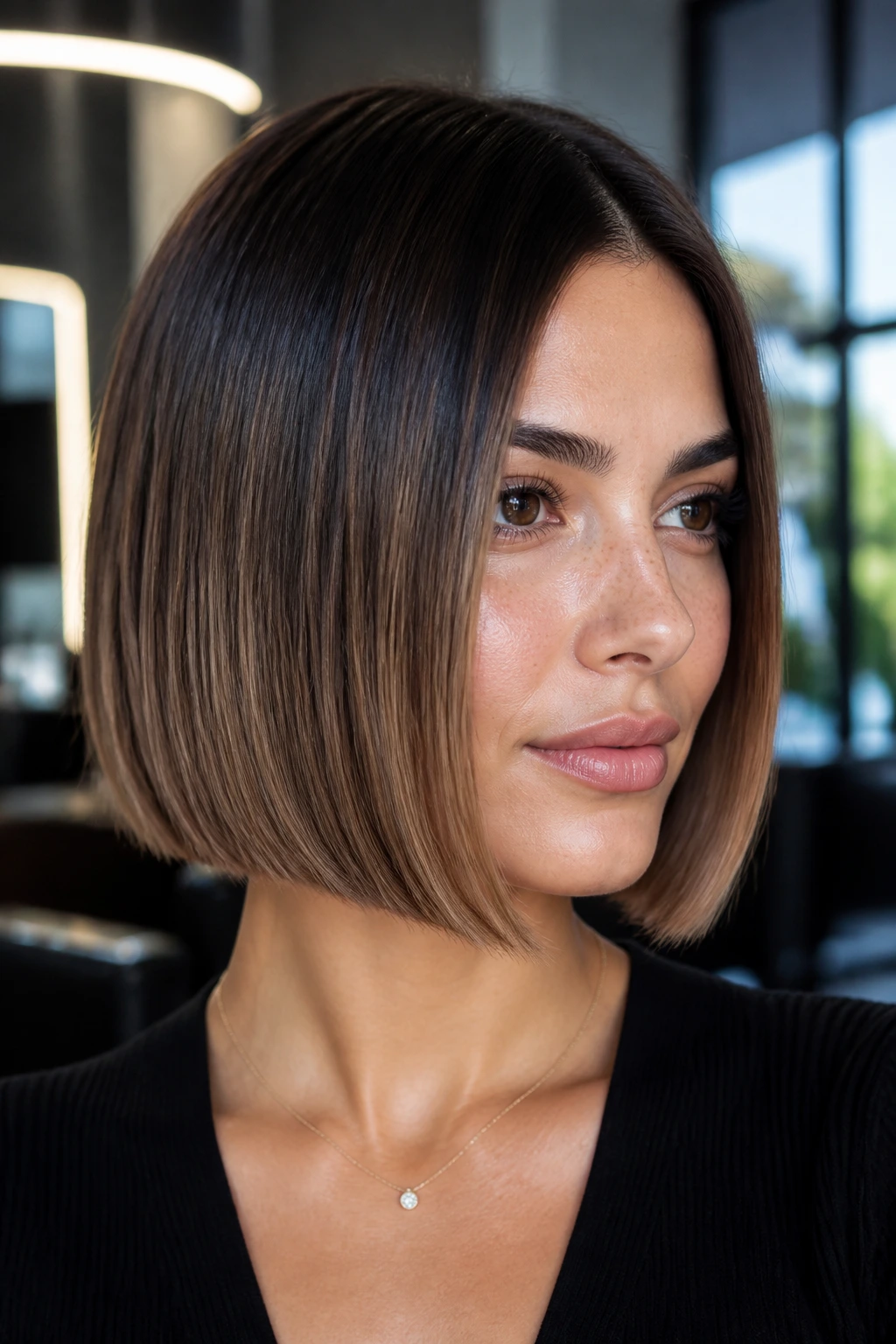 Sleek bob with espresso-to-mocha balayage and glossy finish