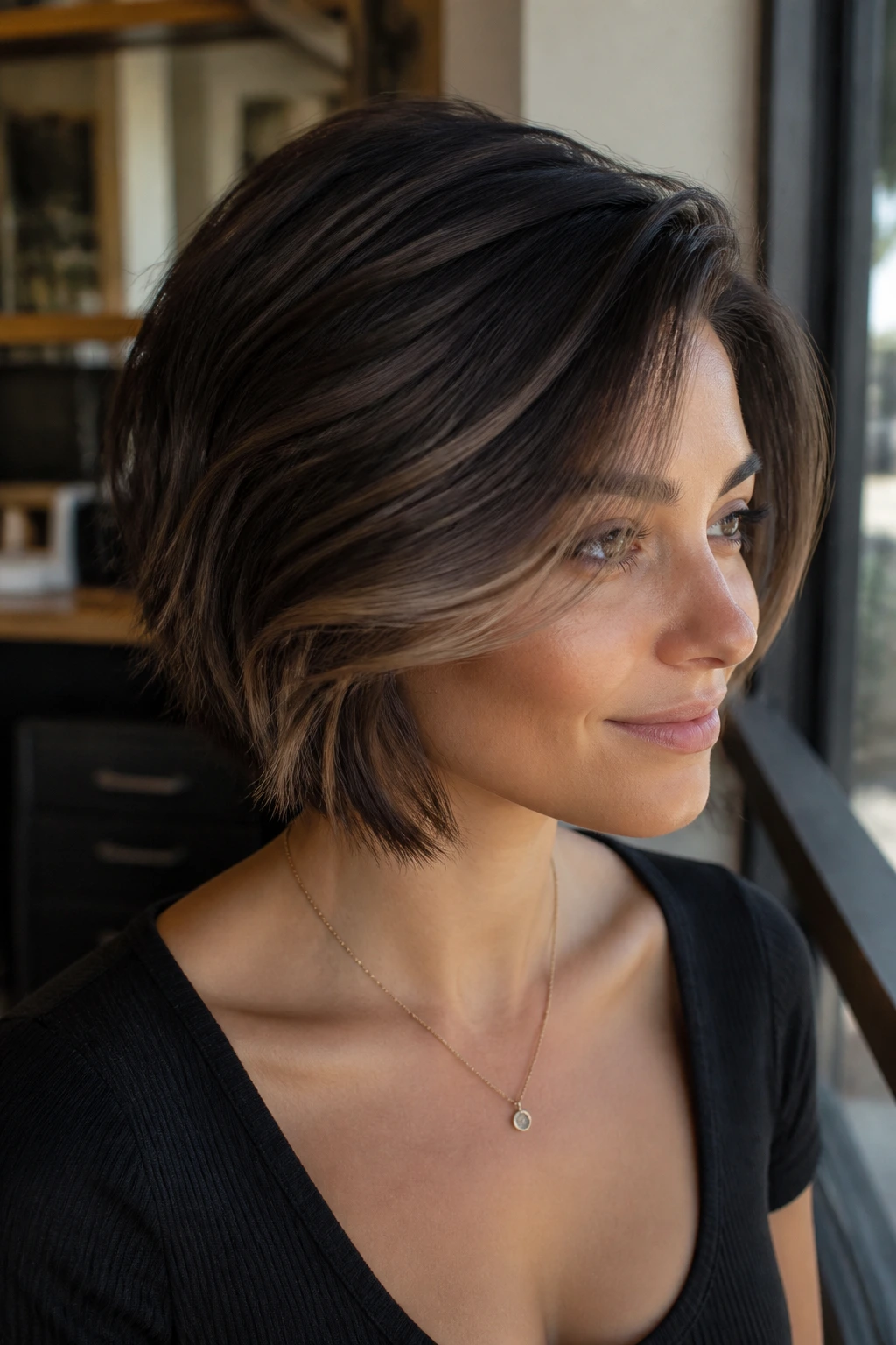 Close-up of a real woman's short hair with espresso-to-mocha balayage around the face in a sunlit salon