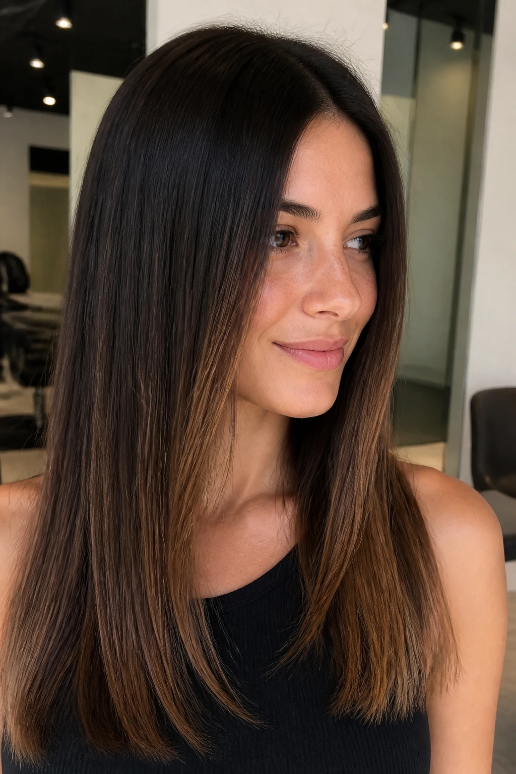 Close-up of a real woman with espresso-to-mocha balayage on straight hair