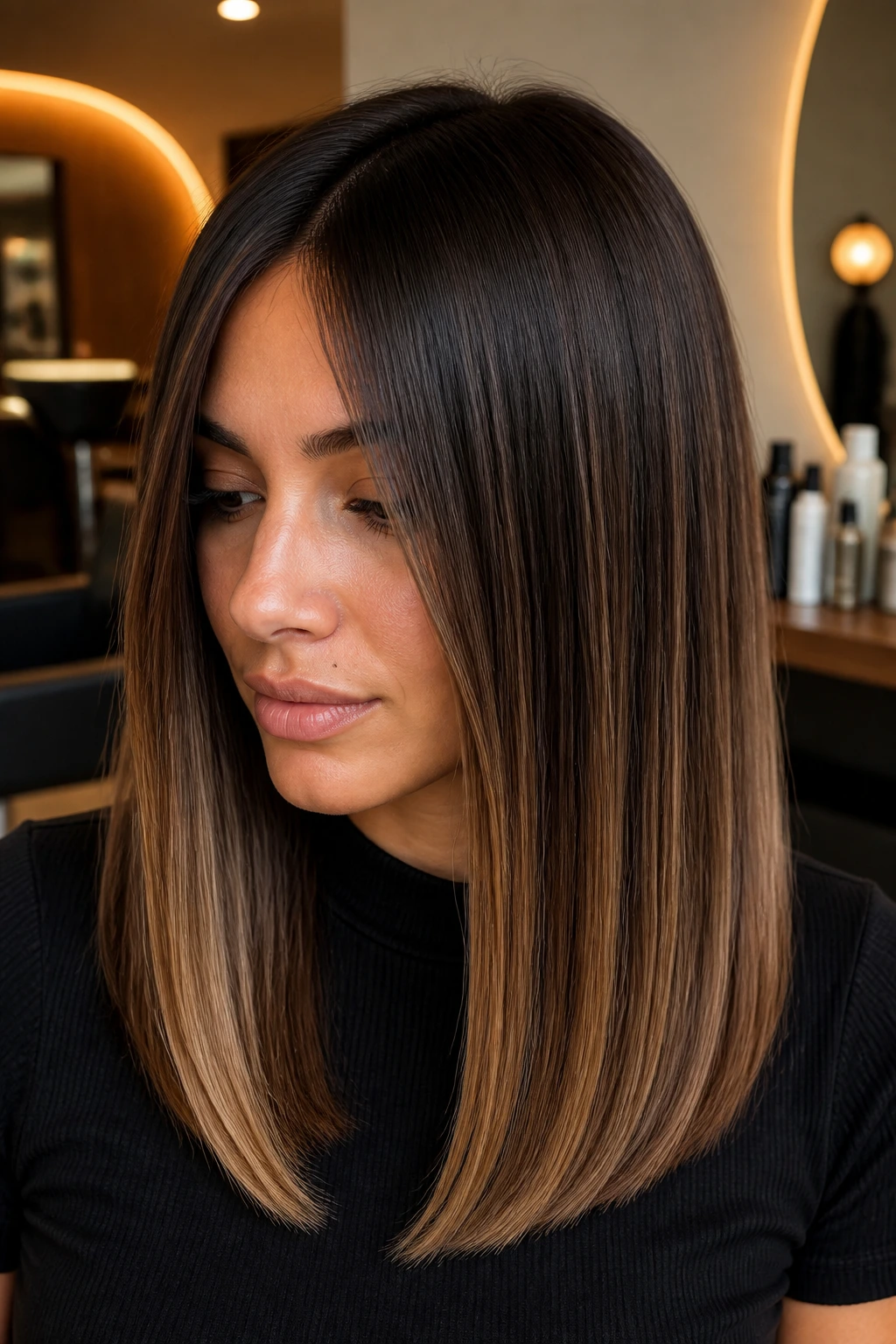 Close-up of brunette hair with espresso to mocha melt on straight hair