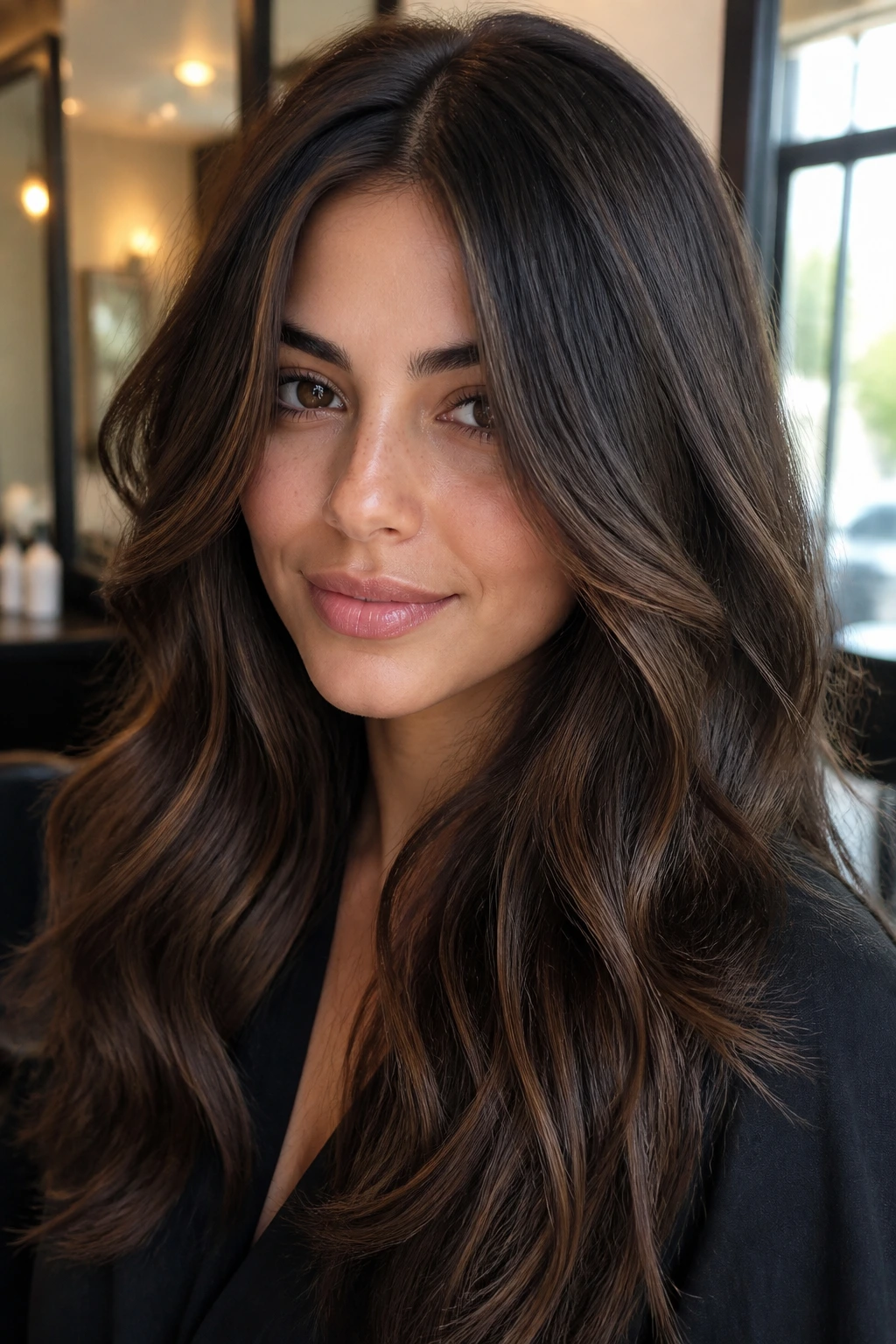 Close-up of a real woman with espresso-mocha dimension on dark brown hair