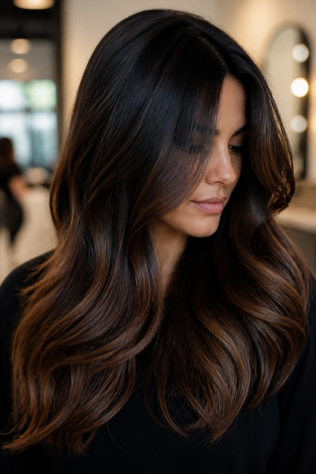 Close-up of espresso mocha melt on a real person with dark brown hair showing deep espresso roots, mocha mids, lighter ends