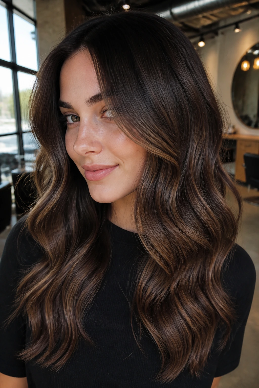Real woman with espresso mocha melt hair in a sunlit modern salon