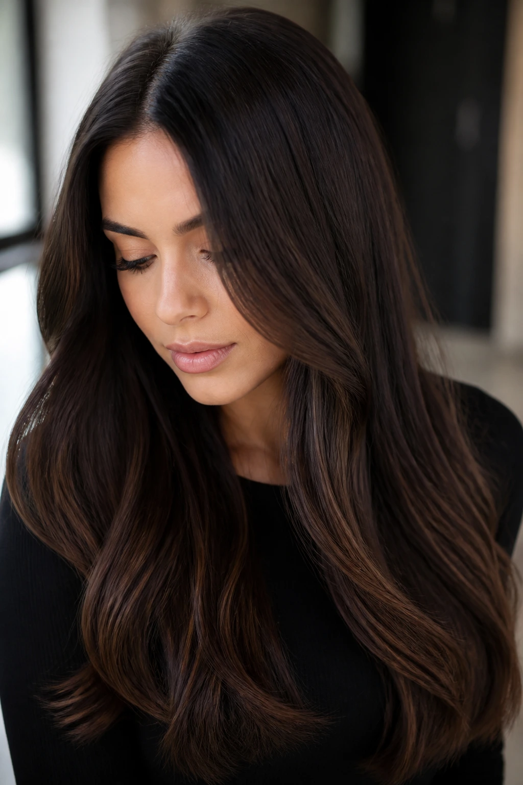 Close-up of dark hair with espresso to mocha ombre