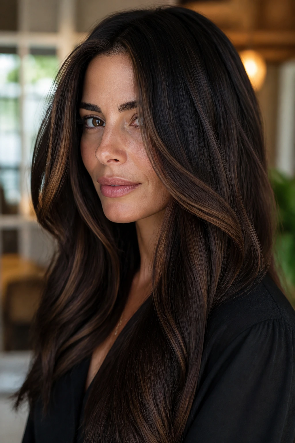 Close-up of a real woman's dark hair with mocha ribbons near the face under warm light