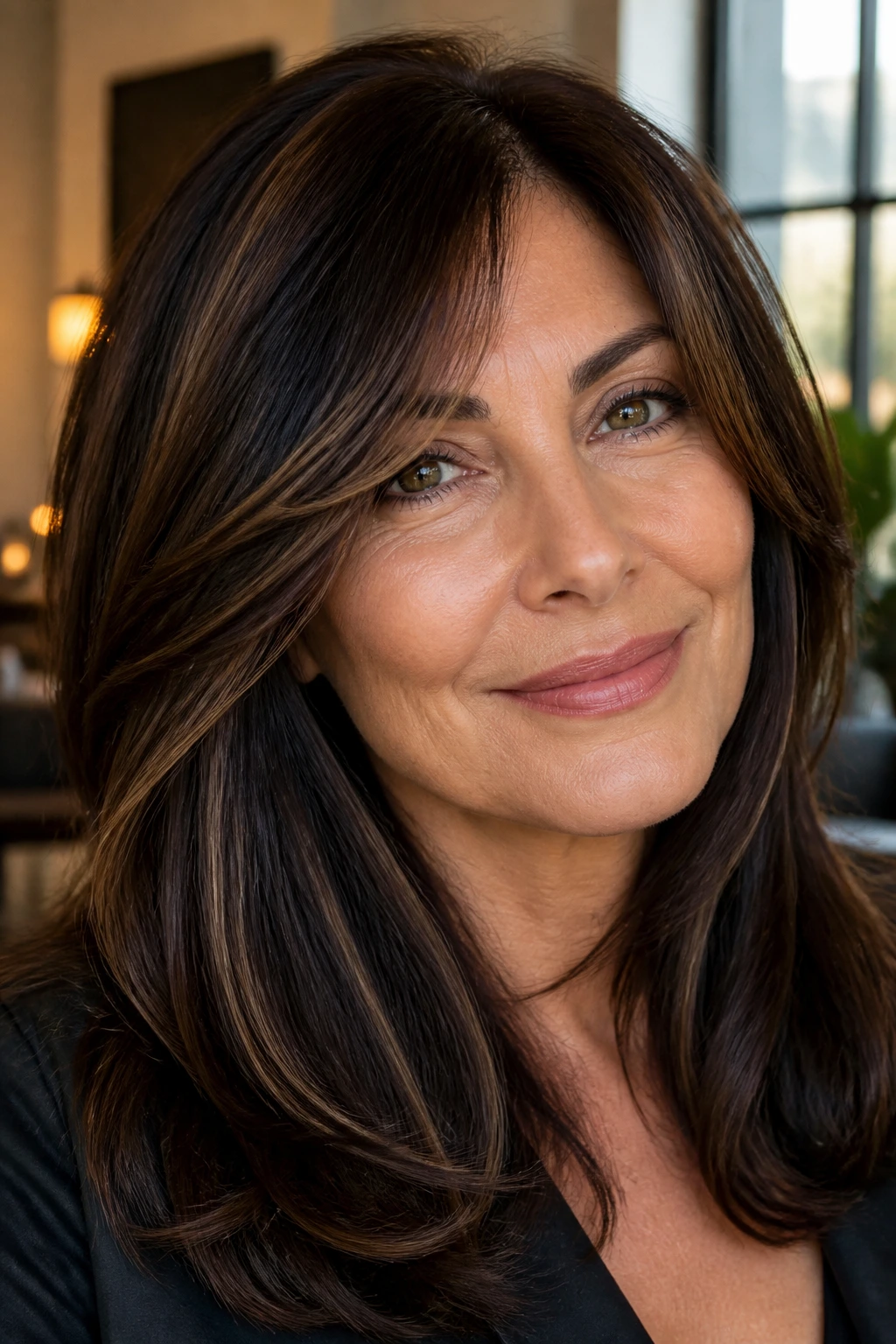 Close-up portrait of a real woman with espresso base and mocha ribbons.