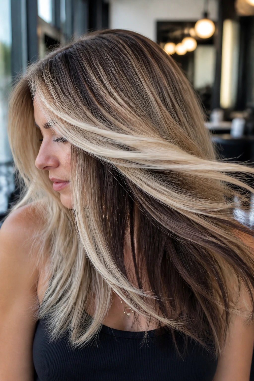 Close-up of a real woman showing espresso peekaboo depth with dark underlayers peeking through blonde hair