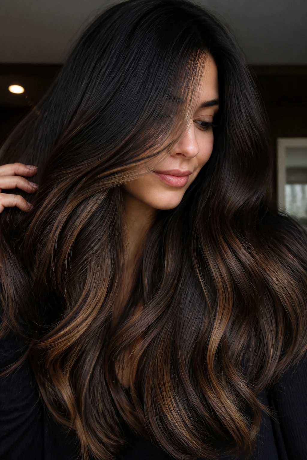 Close-up of a real woman with long thick hair showing espresso top layers and lighter underlayers under movement