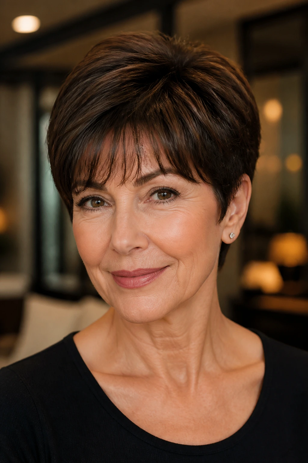 Close-up of a woman with an espresso pixie and feathered bangs