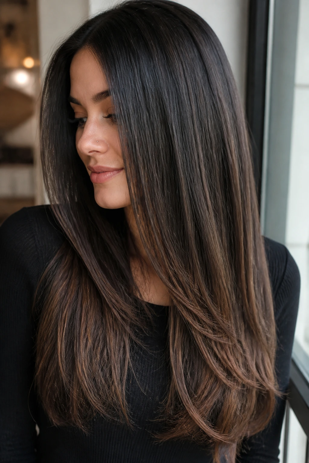 Dark hair with espresso ribbon ends catching light in a close-up portrait.