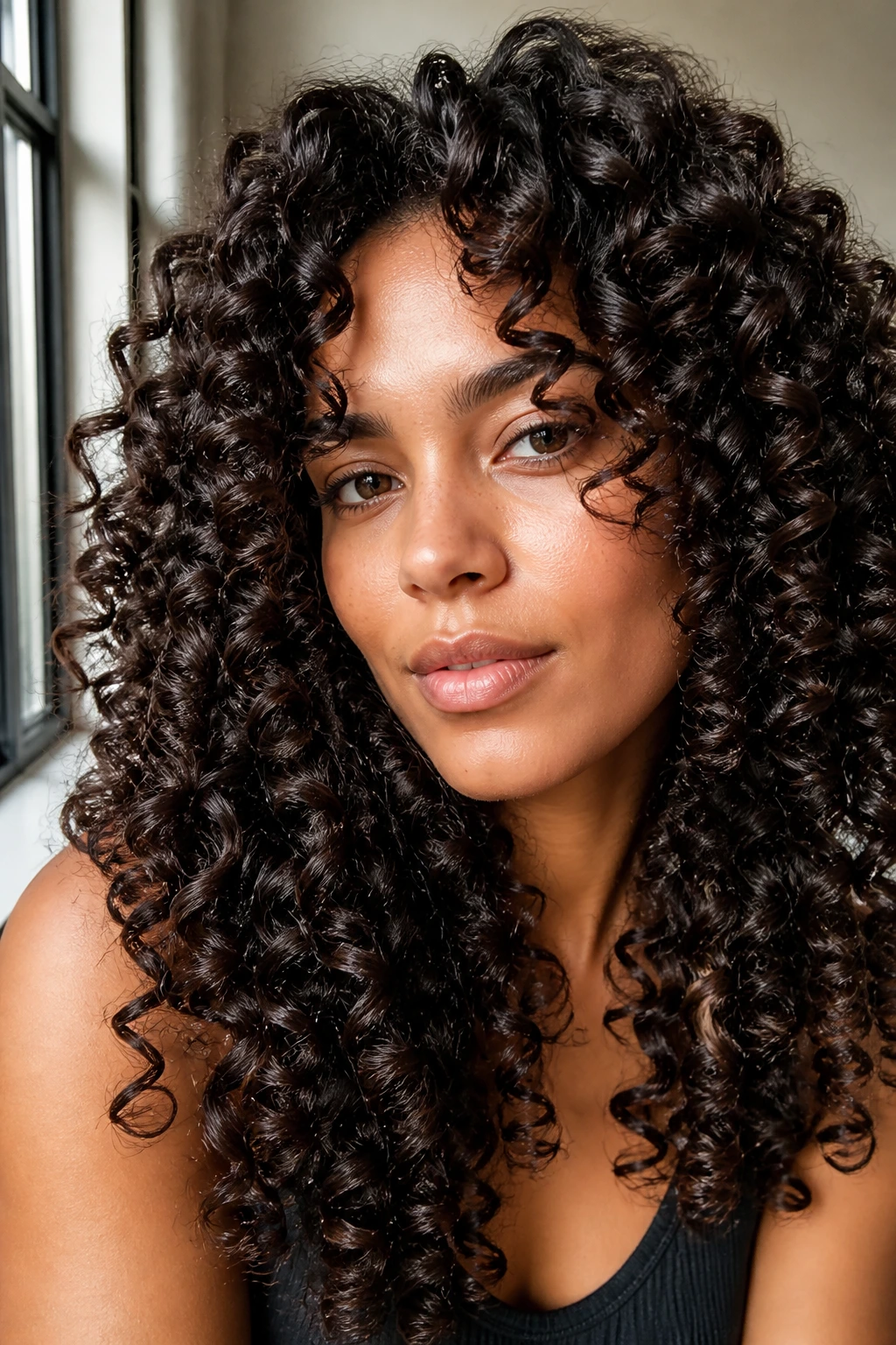 Espresso-brown ringlets with high shine on a real person near a window.
