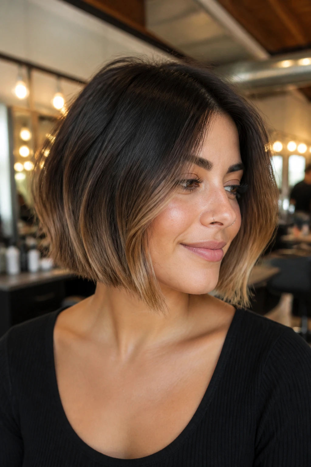 Chin-length bob with espresso-to-caramel ombre on a real person
