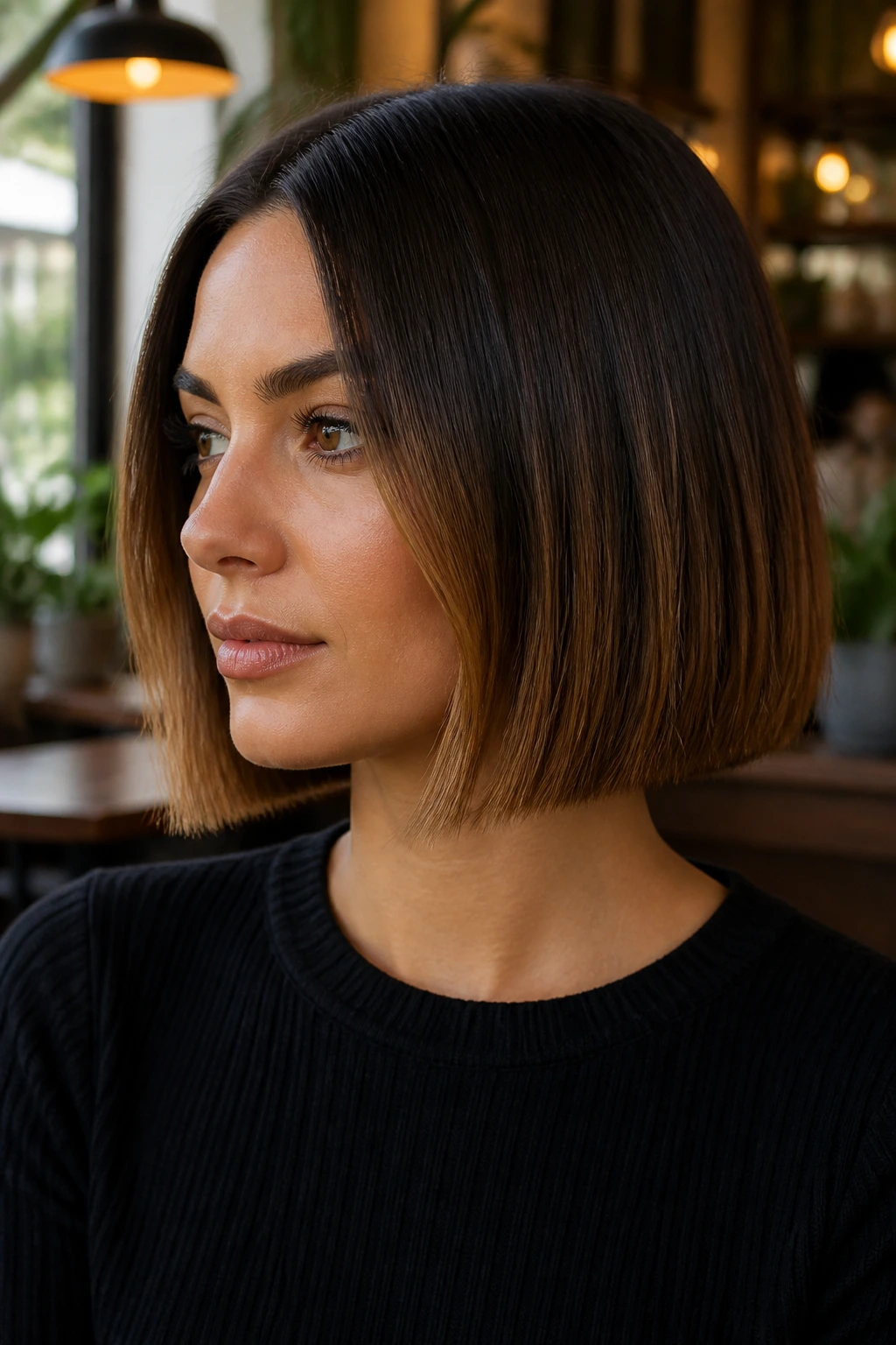 Portrait of a woman with a blunt bob featuring an espresso-to-caramel root melt