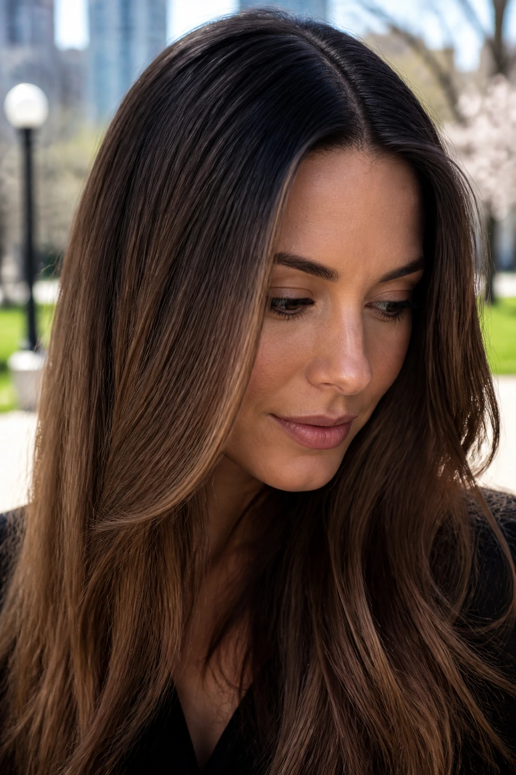 Portrait of brunette with espresso root shadow and mocha lengths in daylight