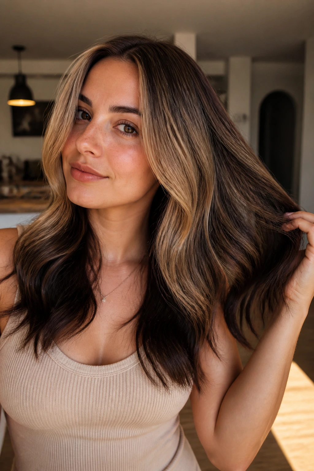 Close-up of a real woman with espresso shadow lowlights on dry ends
