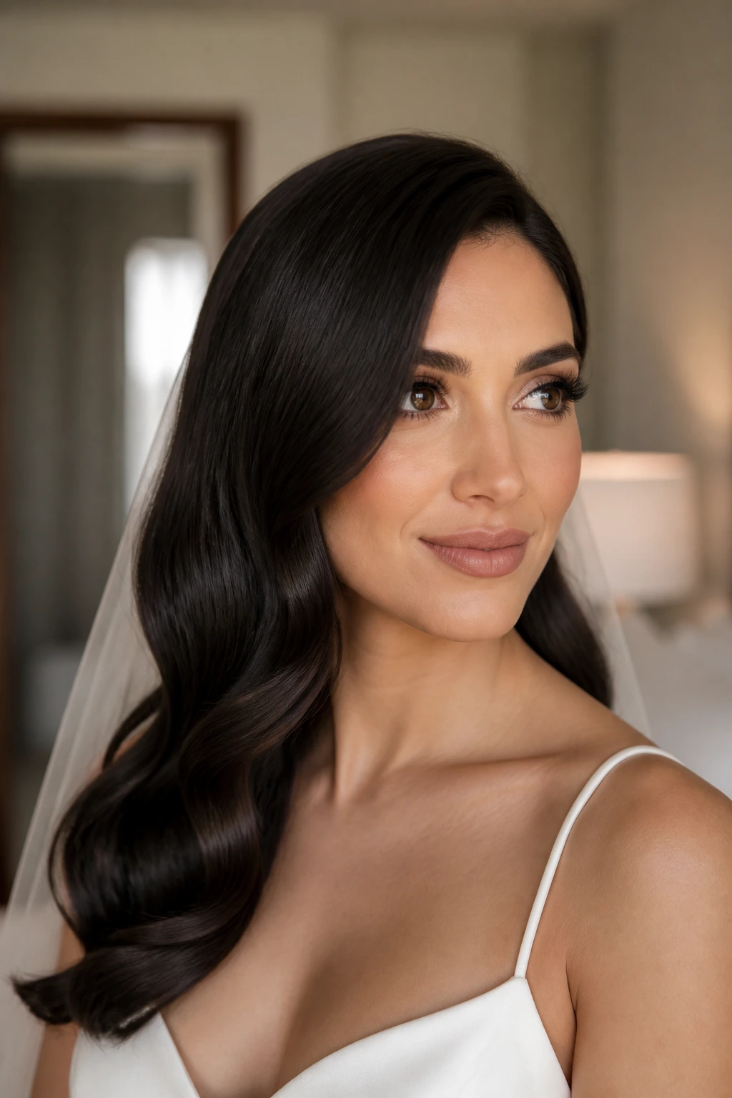 Close-up of a bride with espresso shine hair deep brown glossy