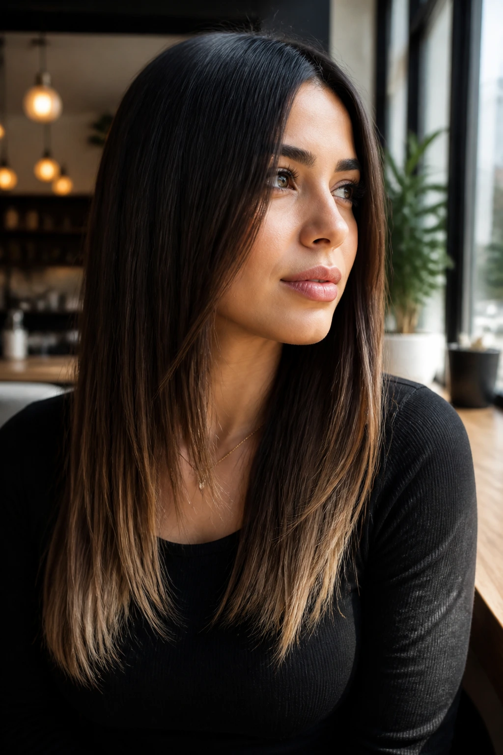 Close-up of a real woman with espresso root and lightened tip balayage on straight hair.