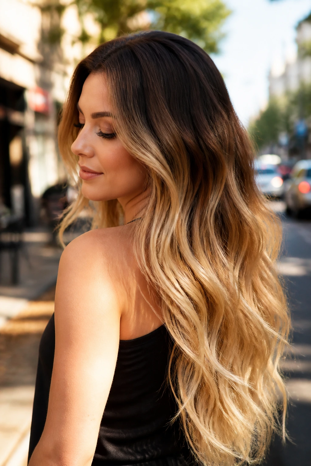 Close-up portrait of a real woman with Espresso-to-Butter Melt hair in outdoor sunlight