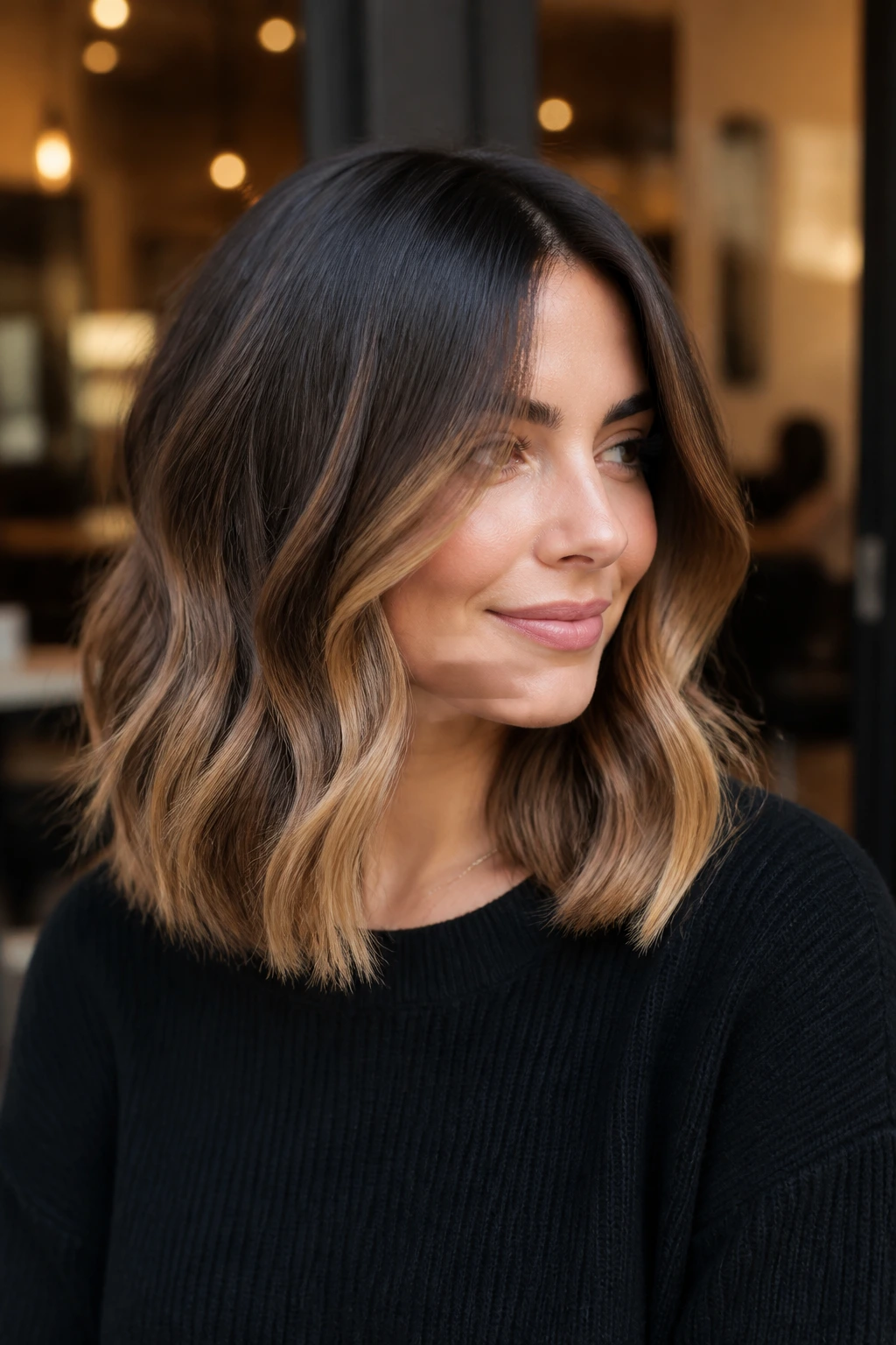 Portrait of a woman with espresso-to-toffee balayage on shoulder-length hair