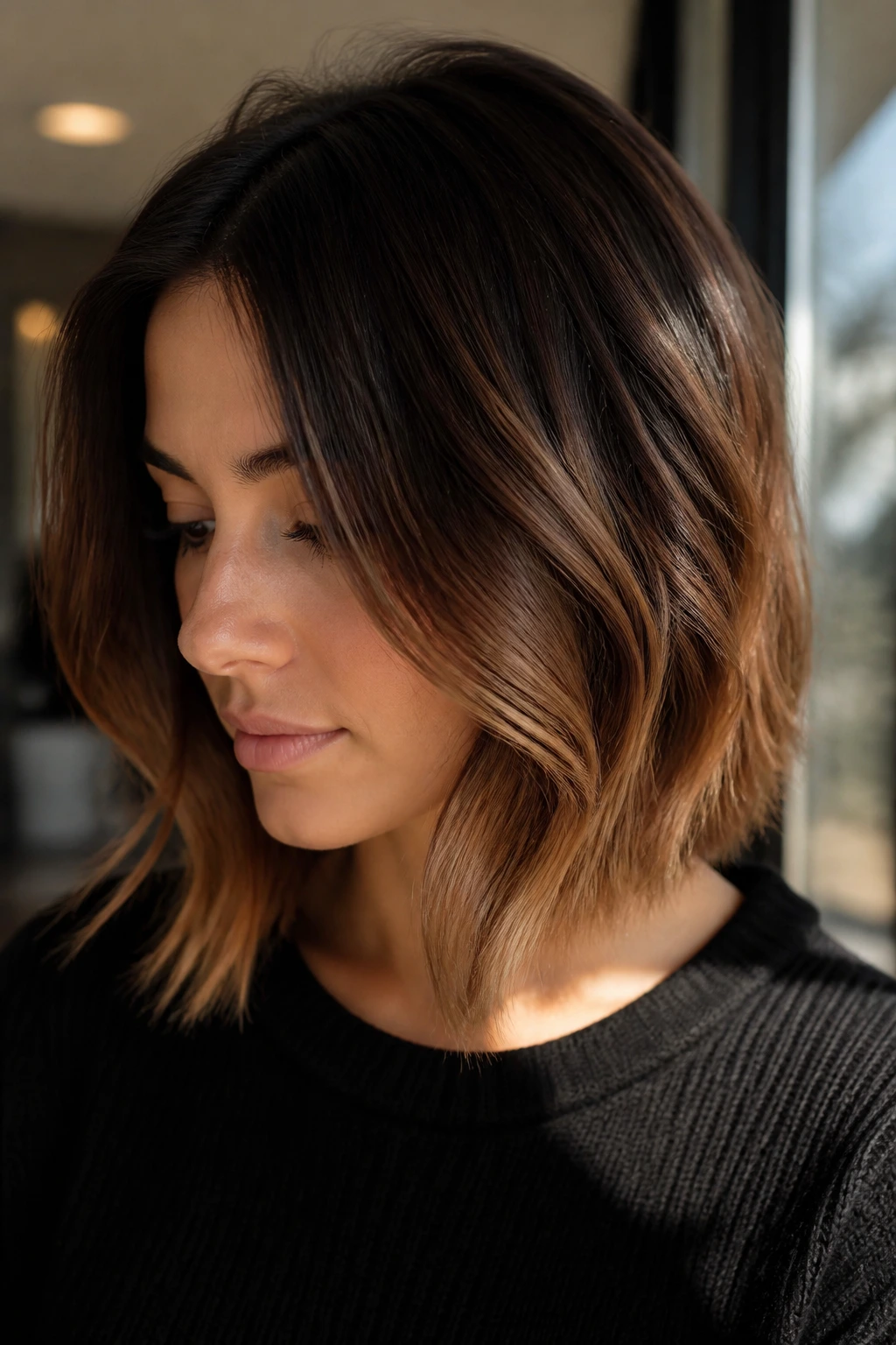 Portrait of a real woman with espresso-to-toffee balayage on short hair