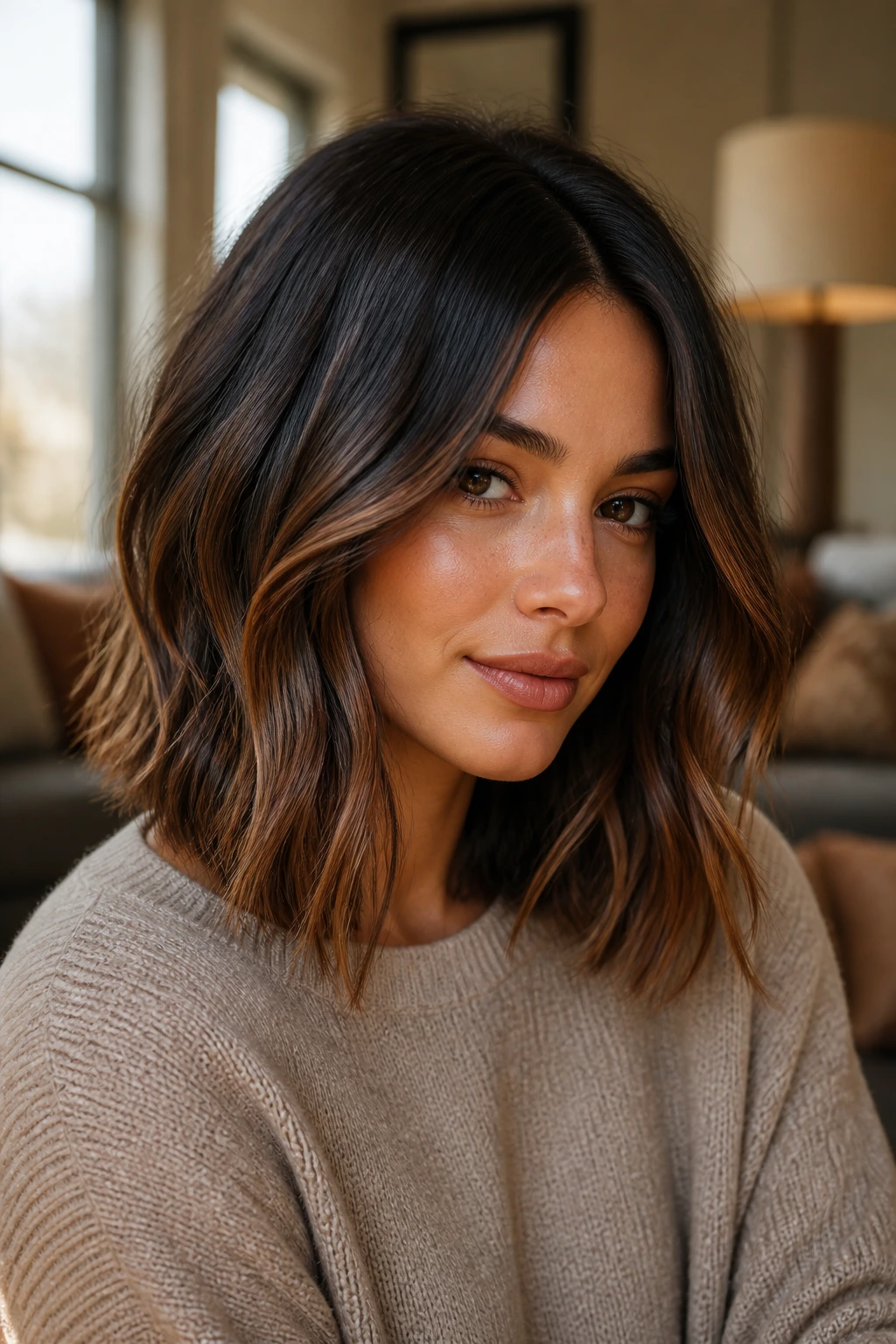 Close-up of real woman with espresso toffee balayage lob, dark roots fading to warm ends