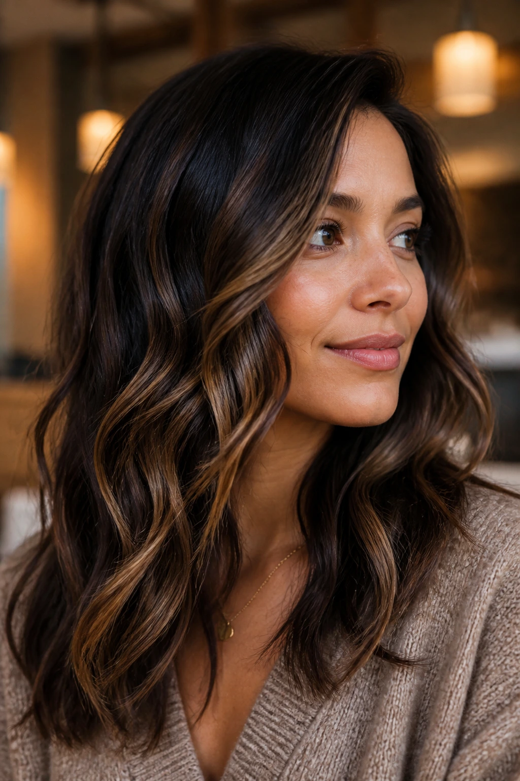 Close-up of real woman with espresso and toffee ribbons in wavy hair