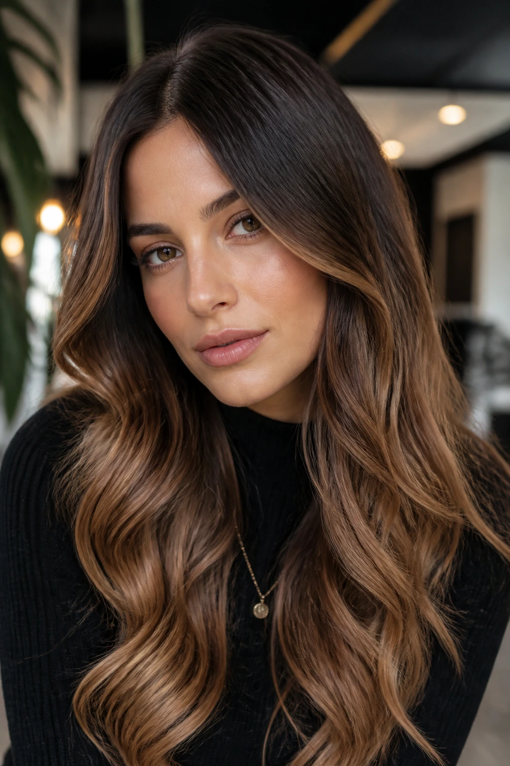 Dark brunette toffee ombre on long wavy hair