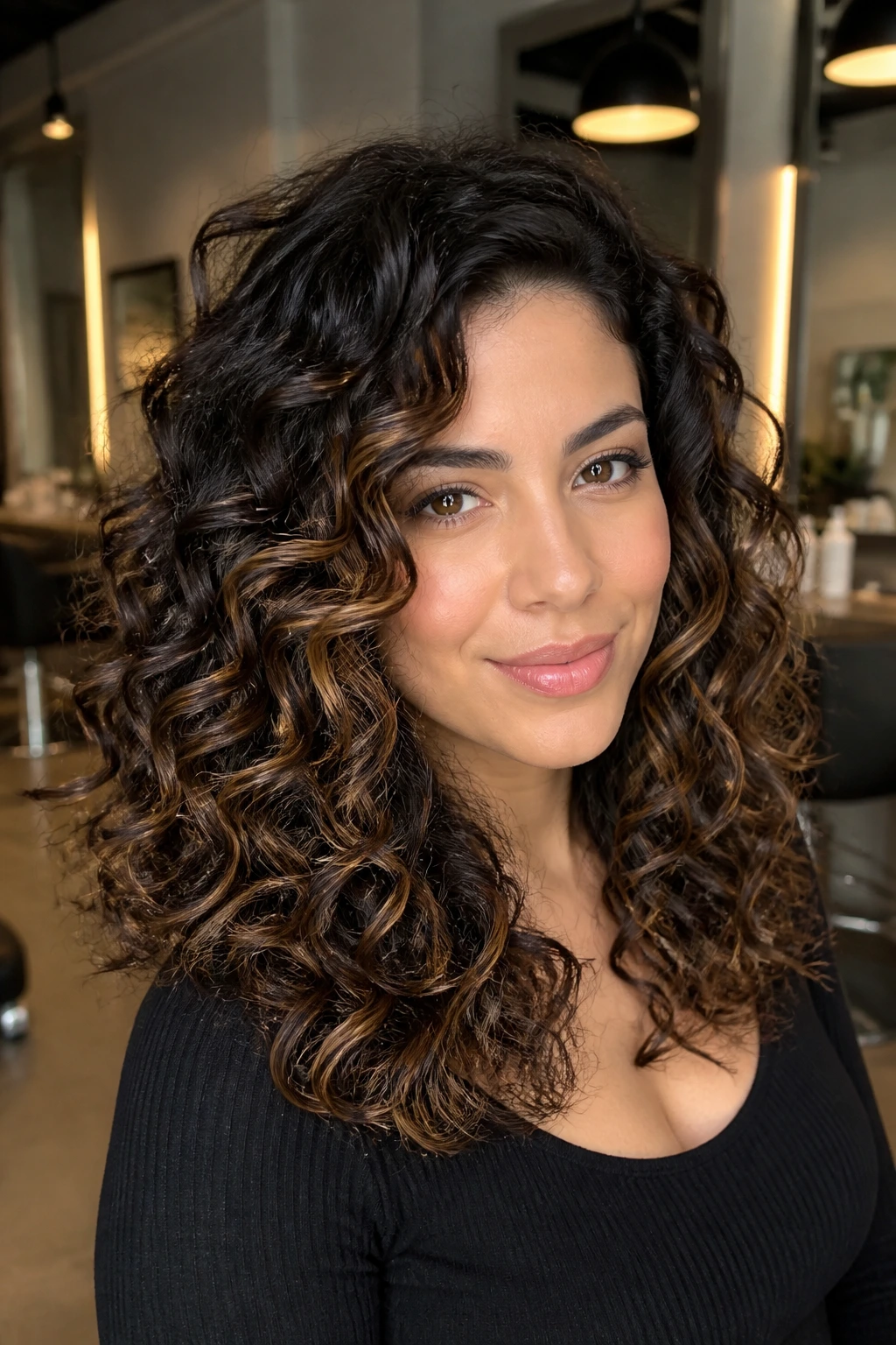 Portrait of a brunette with espresso base and toffee ribbons through curls